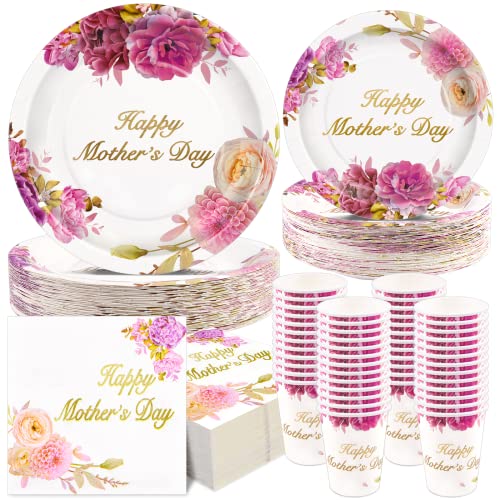 200pcs Mothers Day Plates and Napkins Cups Serve50 Happy Mothers Day Party Supplies Decorations Flowers theme Tableware Set Disposable Paper Dinner Dessert Plates Cocktail Napkins Beverage Cups