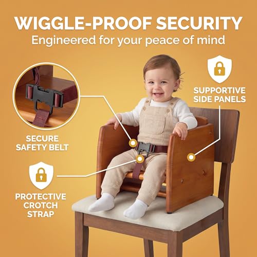 Image of Walnut Wooden Dining Seat Riser for Restaurant Chairs - Stackable Rubberwood Seat Platform with Chair Strap & Non-Slip Pads, Commercial Restaurant Seating Accessory
