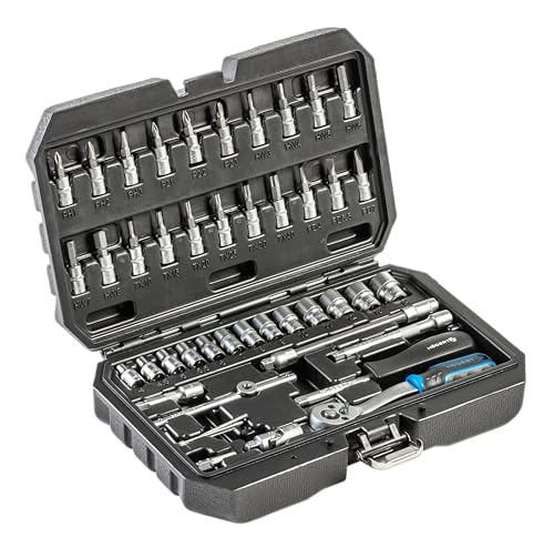 Högert Technik Juego de herramientas de 46 piezas, llaves de vaso y puntas de 1/4', acero CRV, llave de anillo de horquilla, DIN 3124, en maletín de acero