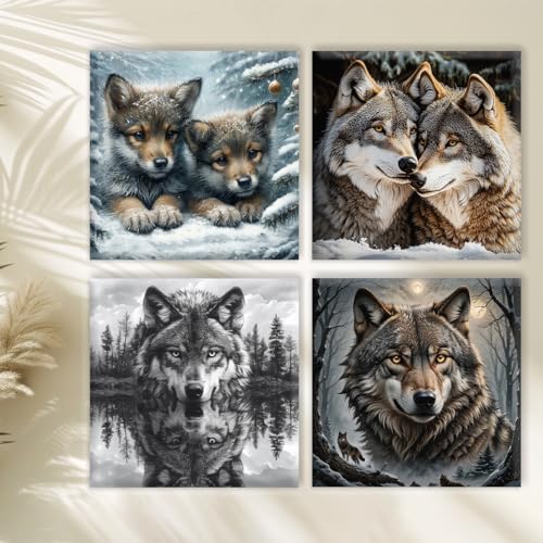 Image of 4PCS 11CT Stamped Cross Stitch Kits for Beginners Full Range of Cross Stitching Preprinted Cross Kits for Adult, Supplies Embroidery Kits for Adults DIY Needlepoint Snow Wolf Patterns Home Decor