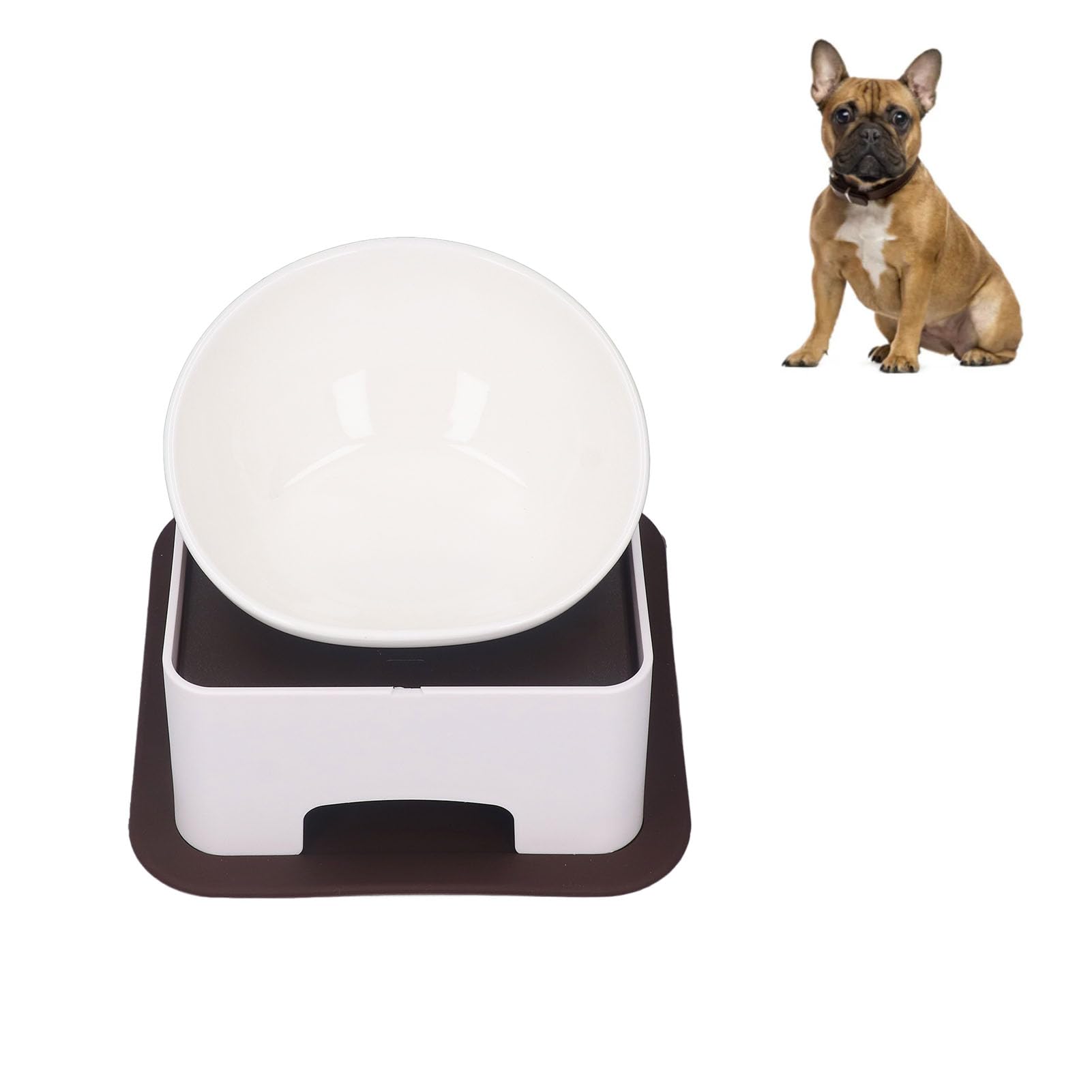 Rengue Bol en Céramique Bulldog, Mangeoire Inclinée Surélevée avec Tapis en Caoutchouc Antidérapant pour Chiens à Face Plate, Chats, Carlins, Bouledogues Français (White)