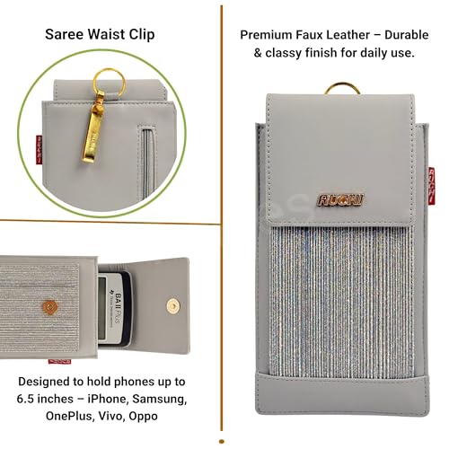 Image of Tickles Fancy Artificial Vegan Leather Mobile Pouch with Waist Clip Saree Hook for Girls Women (Color: Grey) (Suitable for Mobile Sizes: Below 6.5 Inches)