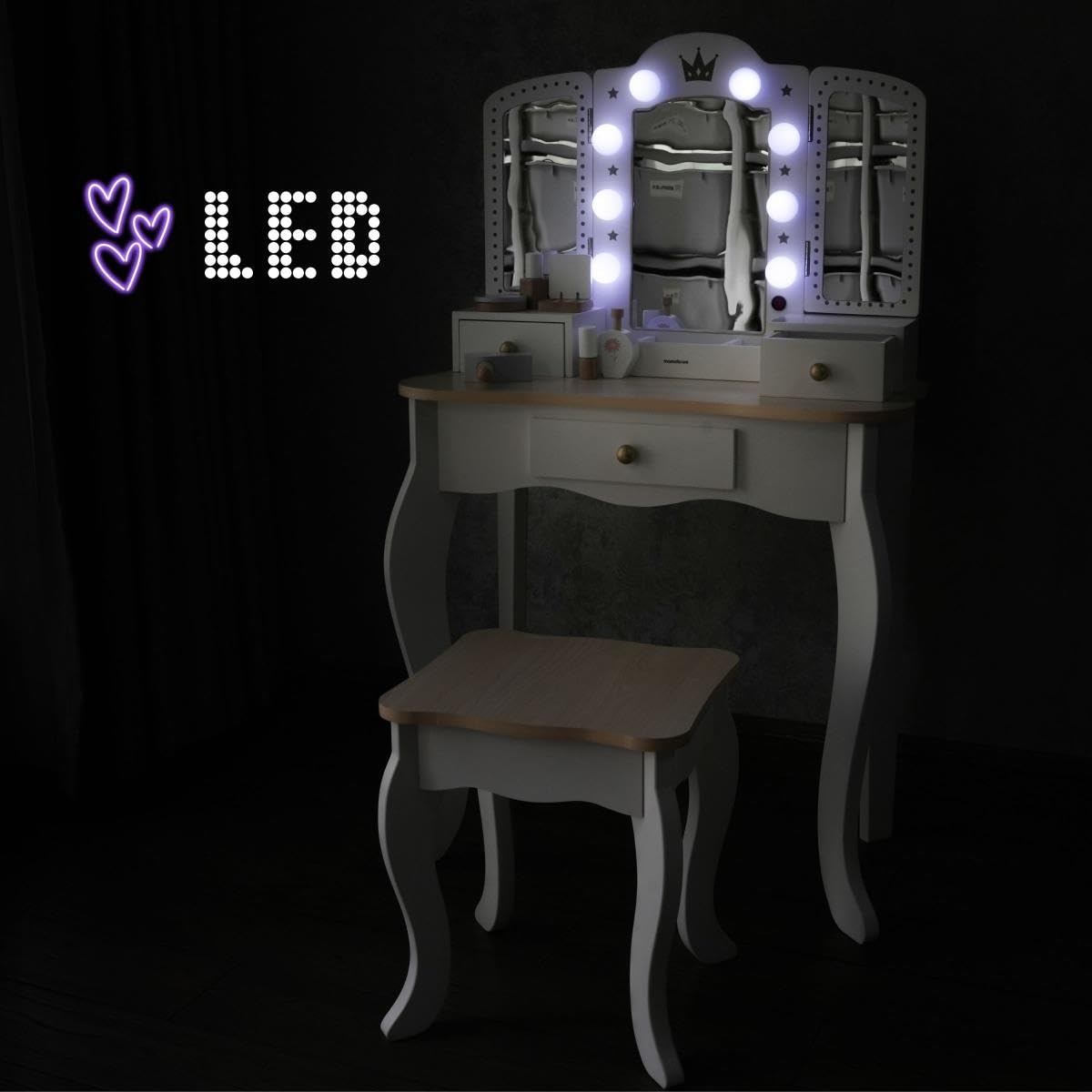 Mamabrum Coiffeuse en Bois pour Enfants 3+, XXL avec Tabouret et éclairage LED, Miroir à 3 Ailes, Grand tiroir, Accessoires, Maquillage de rôle, Structure Solide, Transformable en Bureau