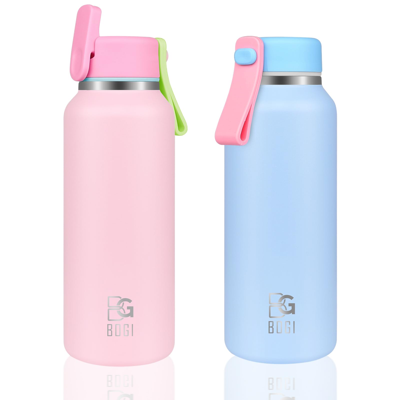 BOGI 350ml Small Metal Water Bottle with Straw, 2 Lids（Loop&Straw） Kids Stainless Steel Water Bottle Leakproof Double Wall Vacuum Drinks Bottle Keep 12h Hot & 24h Cold | 2Pack-Blue+Pink