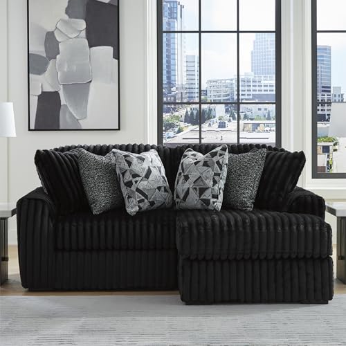 Image of Signature Design by Ashley 2-Piece L-Shaped Sectional Couch, Black | 100% polyester jumbo corduroy, Right-arm facing chaise, Living room use, 6 accent pillows included, Midnight-Madness Series