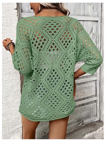 Image of Verdusa Women's Crochet Beach Sweater 3 /4 Length Sleeve Boho Tops Off The Shoulder Summer Sweater Cover Ups