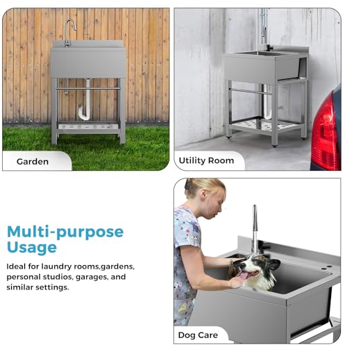 Image of Stainless Steel Utility Sink Freestanding Single Bowl Garage Sink 25 Inch | Shop Sink for Laundry Room Basement Garden Kitchen Pet Care Outdoor Indoor, w /t Cold & Hot Water Lines Standard P-trap 11 gal