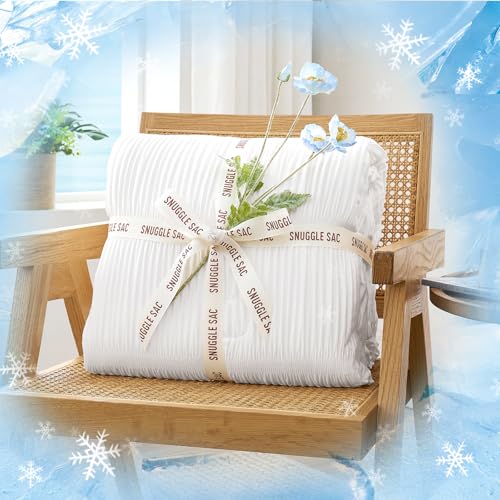 Image of Snuggle Sac Cooling Comforter Queen Size - Q-Max 0.43 Striped Cooling Blanket for Hot Sleepers &Night Sweats, Light Breathable Summer Blanket, Reversible Dual-Sided Silk-Smooth, 90x90 Inches, White