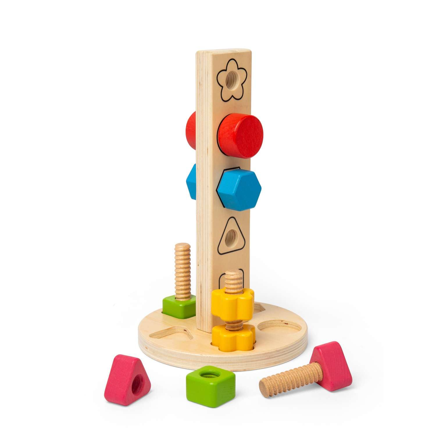 Bigjigs Toys Nuts & Bolts Tower - 11pcs Wooden Construction Toy & Shape Sorter, Educational & Eco Friendly, Montessori Gifts For Babies & Toddlers, Age 12 Months +