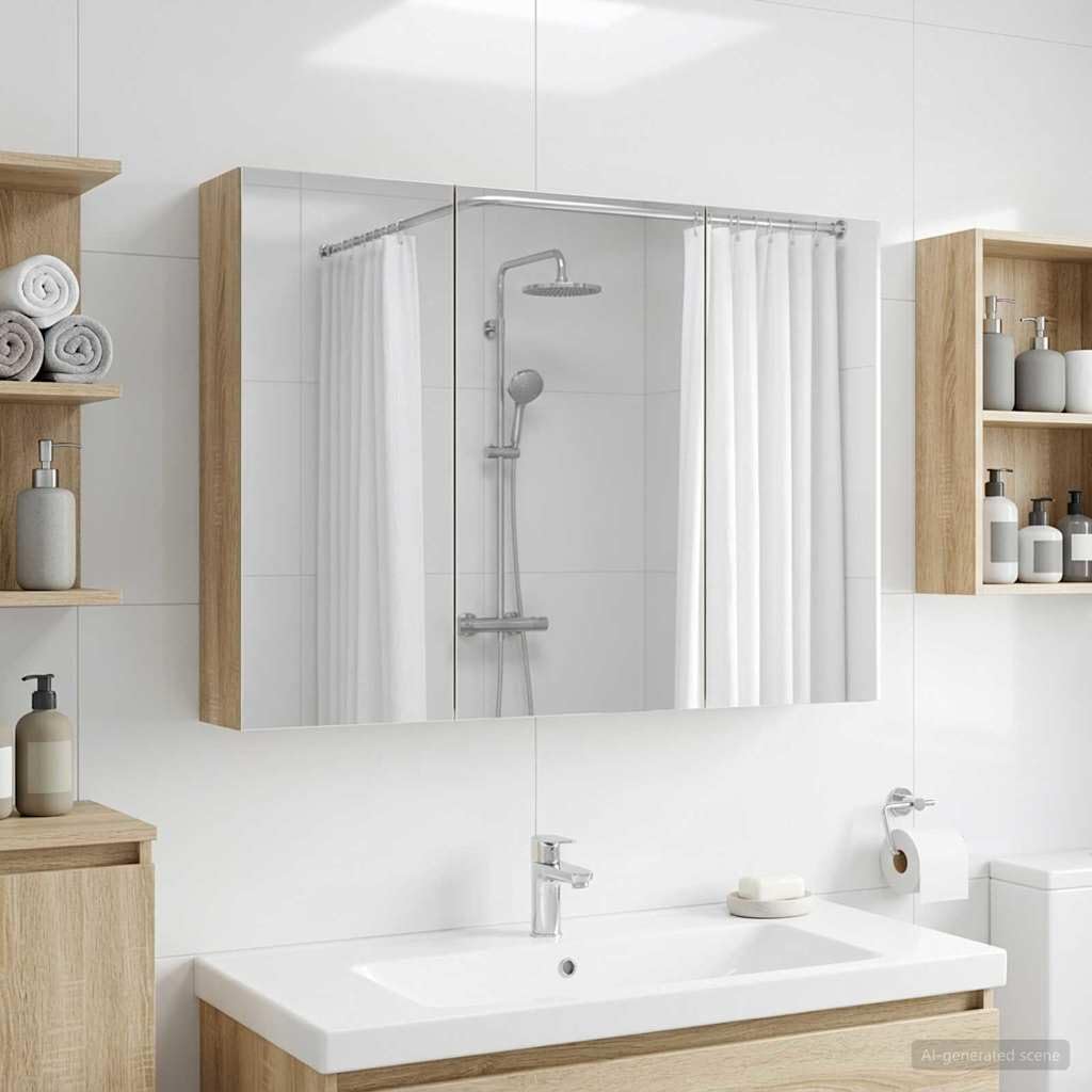 Armadietto da bagno a specchio in rovere Sonoma, 100 x 14,5 x 70 cm, con vano portaoggetti, specchio su entrambi i lati, montaggio a parete, con 2 ripiani, per bagno e bagno degli ospiti