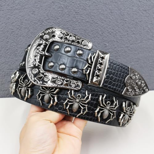 Studded Belt Punk Spider Round Rivets Crocodile Pattern Waistband Engraved Western Flower Buckle for Jeans Pants4