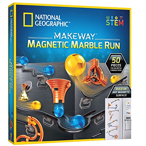 NATIONAL GEOGRAPHIC Magnetic Marble Run - 50-Piece STEM Building Set for Kids & Adults with Magnetic Track & Trick Pieces, & Marbles for Building A Marble Maze Anywhere Magnets Stick