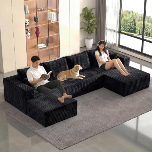 Image of 138 inch Modular Sectional Sofa,U-Shaped Cloud Couch with Deep Seats & Chaise,Upholstered Corduroy Boneless Couch for Living Room, No Need Assembly - Black(Right Facing Chaise)
