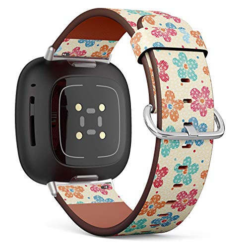 Q-Beans Replacement Leather Watch Band, Compatible with Fitbit Versa 3/4 and Fitbit Sense/Sense 2 - Striped Flowers Pattern