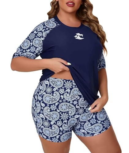 JOYBIK Women's Plus Size Two Piece Short Sleeve Rash Guard Sets with Built in Bra UPF50+ Swim Shirt Top and Shorts Navy 3X