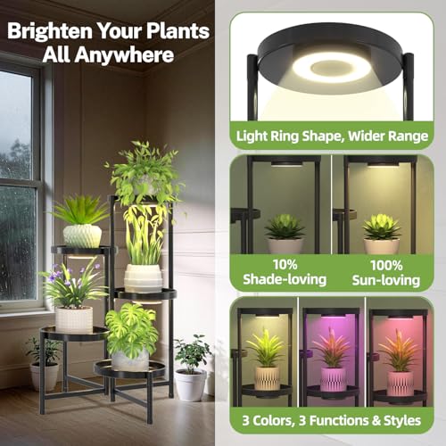 Image of iDavosic.ly 5 Tier Large Plant Stand Indoor with Grow Light, Tiered Corner Metal Outdoor Flower Display Holder Shelf with 10 Inch Wide Tray, Folding Tall Rack for Patio Porch Living Room, Black