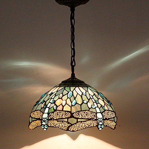 Image of WERFACTORY Tiffany Pendant Light Fixture Stained Glass Hanging Lamp 12 Inch