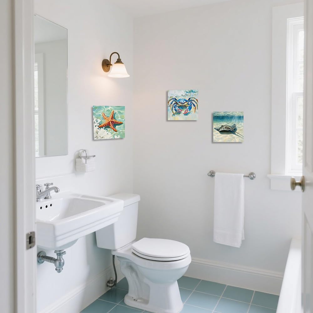 ZQQART Leinwandbilder mit blauer Krabbe 3er Set Krabbe Mantarochen Seestern Nautische Badezimmer und Stranddekoration Küstenkunst mit Rahmen (50x50cmx3)