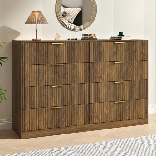 Image of Fluted 8 Drawer Double Dresser Wood,55 inch Wide Bedroom Dresser Mid Century Chest of Drawers Wooden with Gold Handle,Dressers TV Stand for Bedroom,Living Room,Walnut
