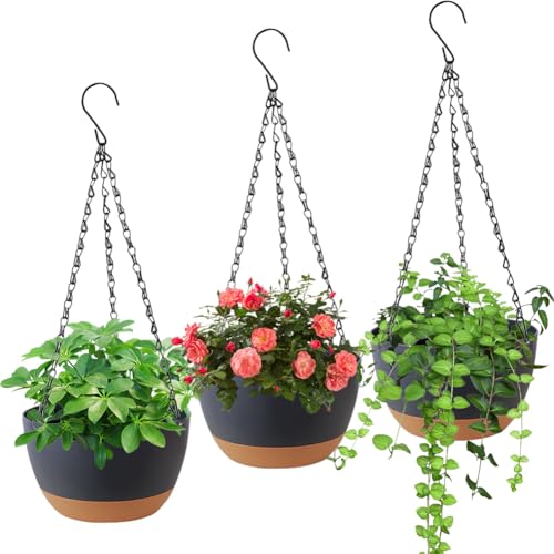 LOMUG Blumenampel Hängend für Außen Innen, Blumentopf Hängetopf mit Abnehmbarem Tablett und Drainagelöchern, Hängeampel für Outdoor Garten Wohnzimmer Balkon, 3 PCS (Grau)