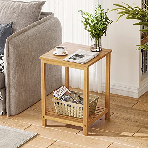 VIAGDO Nachttisch 2er Set, Beistelltisch, Kleine Couchtische, Sofatisch, Wohnzimmertisch, mit 2 Ebenen, aus Bambus, für Wohnzimmer, Schlafzimmer, Flur, Büro, stabil, einfacher Aufbau, Naturfarben Cover