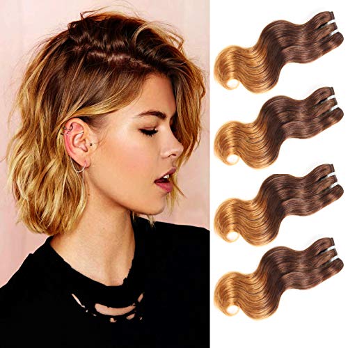 Brazilian Remy Hair Extensions Body Wave Black to Blonde 10Inch Short Weave Hair 7A 100% Human Hair Weave 4 PCS/Lot 50g/Piece(4/27 Brown To Light Auburn)