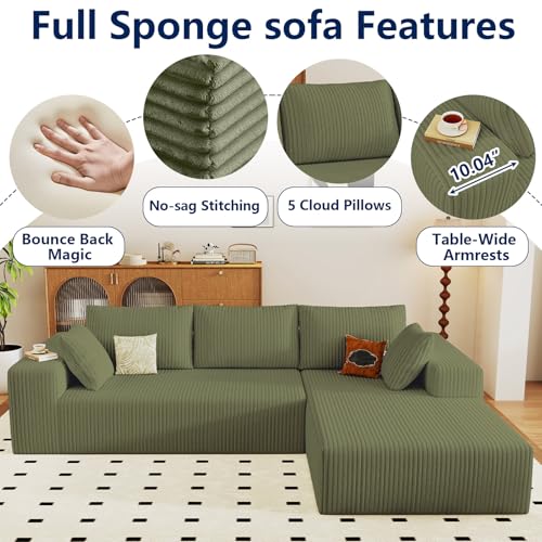 Image of 96 inch Modular Sectional Sofa, Modern Corduroy Cloud Couch with Deep Seat, Boneless Couch Upholstered 3-Seater L-Shaped Sofa for Living Room, No Assembly Required (Green, Right-Facing Chaise)