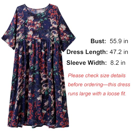 Image of Women Plus Size Casual Dresses Floral Printed O Neck Short Sleeves Summer Oversized Dresses Boho Loose Fitting Wear