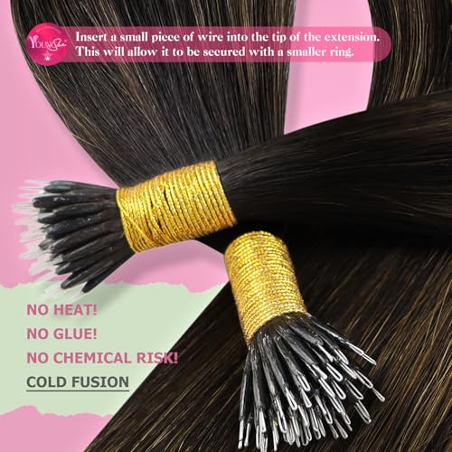 Image of YoungSee Nano Tip Hair Extensions Real Human Hair Balayage Brown 22in Nano Ring Hair Extensions Human Hair Balayage Dark Brown Mix Medium Brown 50g 50 Strands Nano-Beads Extension for Natural Looking