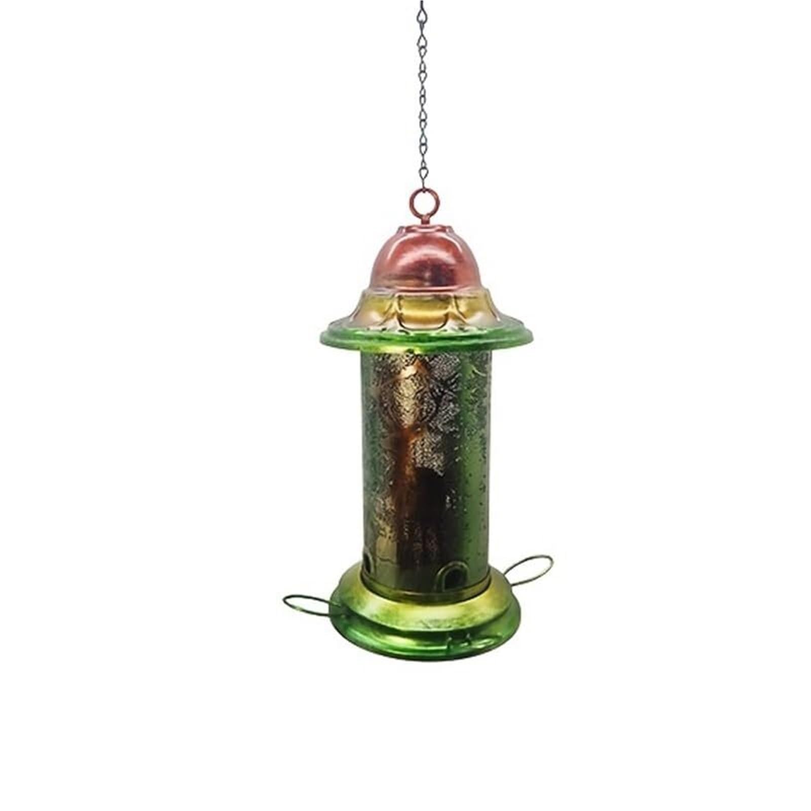 Mangiatoia for uccelli in ferro dal design a lanterna sospesa, contenitore for semi di uccelli selvatici da esterno con base verde in rete metallica for giardino