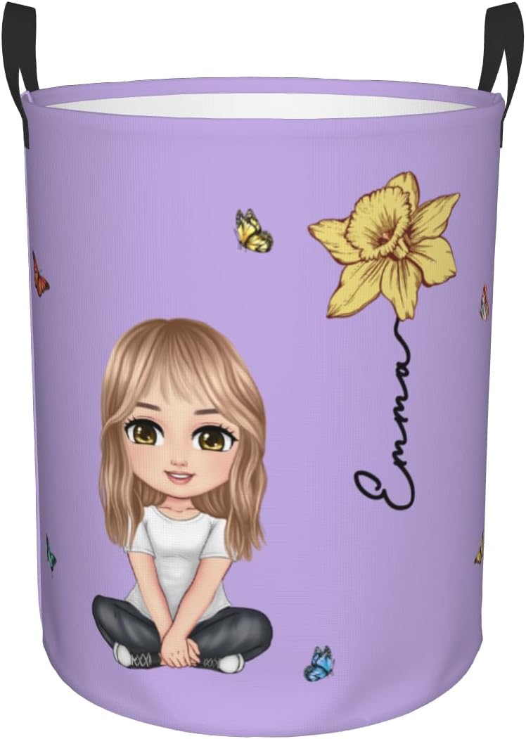 Custom cartoon character birth flower laundry hamper for kids gift