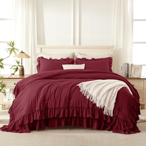 Image of Andency Burgundy Twin Size Comforter Set(66x90Inch), 2 Pieces(1 Ruffle Comforter and 1 Pillowcase) Lightweight Fluffy Bedding Comforter Sets for Teenagers, All Season Soft Polyester Bedding Set
