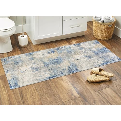 Lahome Modern Abstract Blue Bathroom Rug, 2x6 Washable Long Hallway Rug Soft Non Slip Blue Floor Accent Carpet Runner for Entryway Kitchen Laundry Room Doorway Bedroom