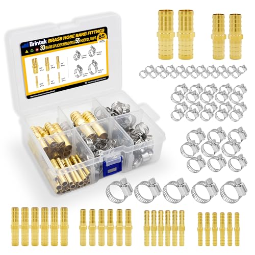 Brintek 30PCS Brass Hose Barb Fittings Splicer Mender 3/16” 1/4” 5/16” 3/8” 1/2” 5/8” with 55PCS Stainless Steel Hose Clamps for Fuel Gas Water Air