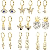 9 Pairs Gold Small Hoop Earrings with Charms Honeybee Star Moon Evil Eye Lightning Pineapple Butterf