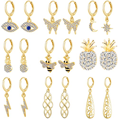 9 Pairs Gold Small Hoop Earrings With Charms Honeybee Star Moon Evil Eye Lightning Pineapple Butterfly Celtic Knot Earrings Drop Earrings Set For Women Girls #TOP5