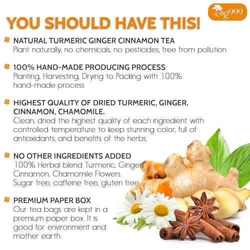 Image of TOG999, Turmeric Ginger Cinnamon Tea Bags | 60 Count | Herbal Blend with Turmeric, Ginger, Cinnamon Stick & Chamomile Flowers for Relaxation | Naturally Flavorful, Caffeine-Free | Packed in Paper Box