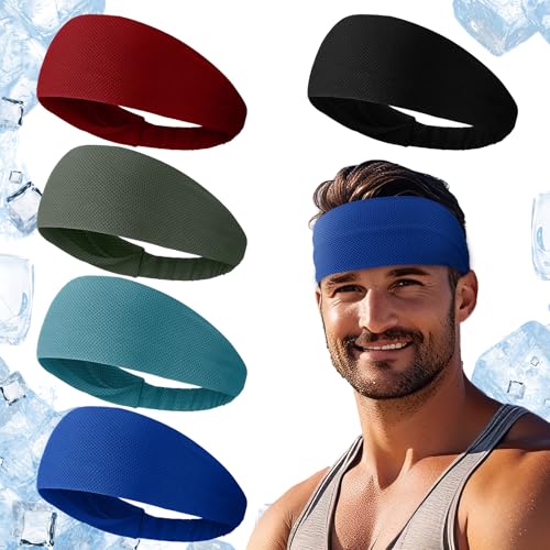 Image of 5pcs Summer Cooling Headbands for Men Stretchy Workout Sports Sweatbands Absorb Chill Cool Hairband for Hot Weather Running Golf Athletic