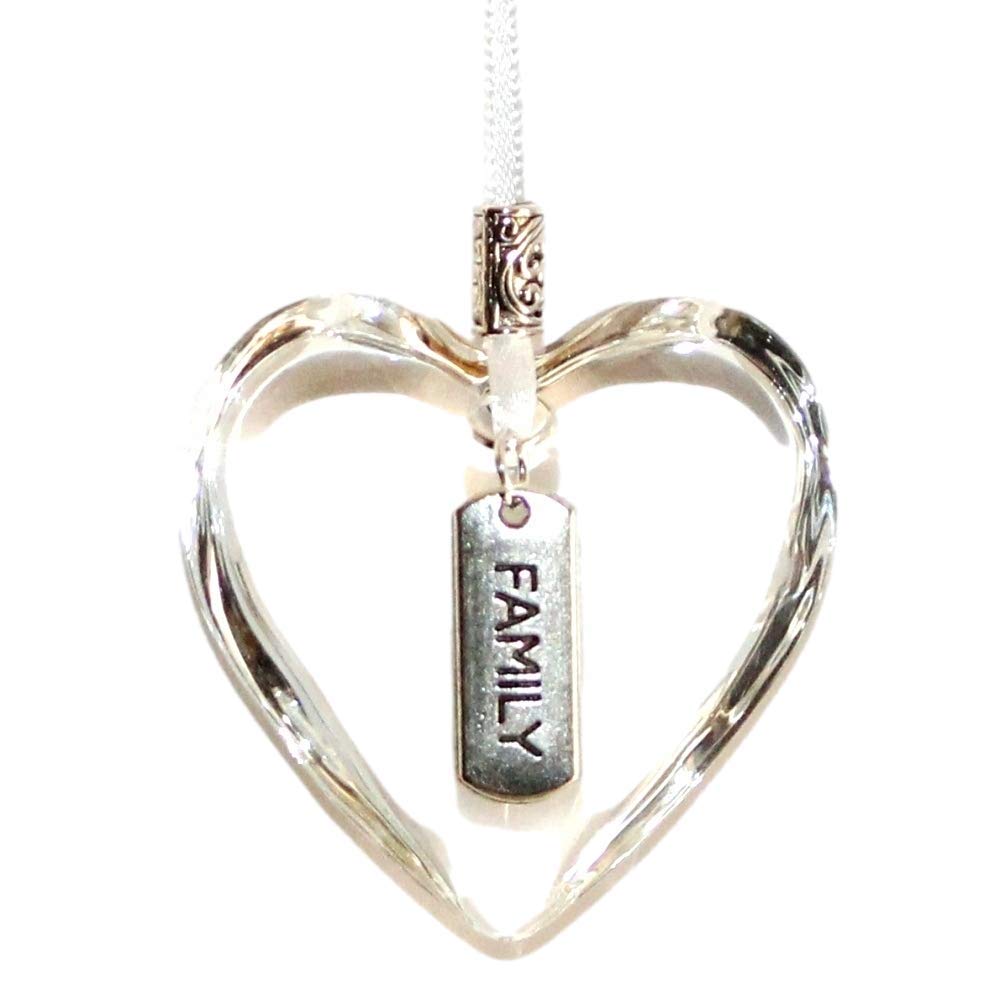 The Heart Shack White Glass Hanging Heart Keepsake On Ribbon With Family Charm - Free P&P On Orders Over £20