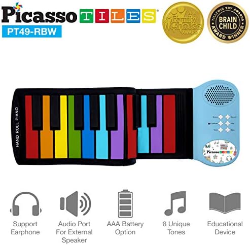 PicassoTiles® PT49 Kid's 49-Key Flexible Roll-Up Educational Electronic Digital Music Piano Keyboard w/ Recording Feature, 8 Different Tones, 6 Educational Demo Songs & Build-in Speaker - Rainbow