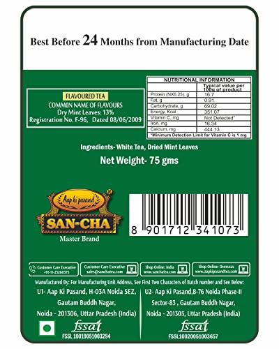 Image of Sancha Tea Boutique, Moroccan Mint White Tea, 75g Silver Needle White Tea Buds, Blended with Spearmint Leaves, Herbal Tea for PCOS & PCOD