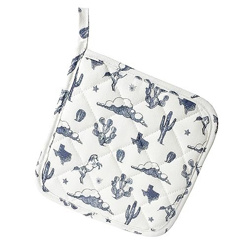 Texas Pot Holder with Blue Horse Cactus Clouds and Sunburst Pattern in Quilted Cotton Texas Gift