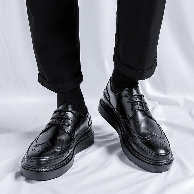 Men's Leather Lace Up Platform Block Heel Business Oxford Shoes Fashion Classic Pointed Toe Low Top Leather Dress Shoes for Men4
