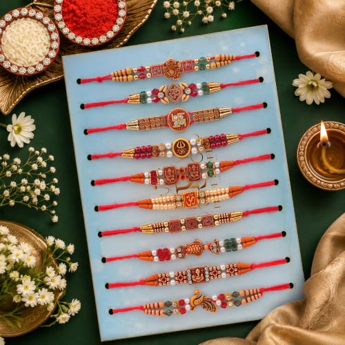 Image of Pride Store Traditional 10 Rakhiya Set, Decorative Thread Bracelets with Om and Ganesh Designs, Pearl and Crystal Beads, Red and Gold | Rakhiya For Family