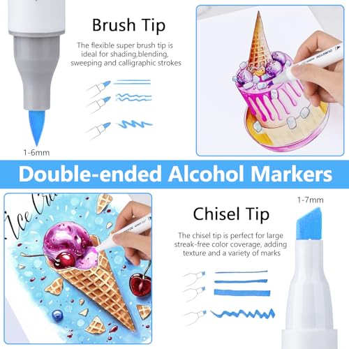 OLINGYOU alcohol markers brush tip, 60 Colors Brush & Chisel Permanent Alcohol Markers Set, Dual Tip Art Markers Set for Adult Coloring Book — view 2