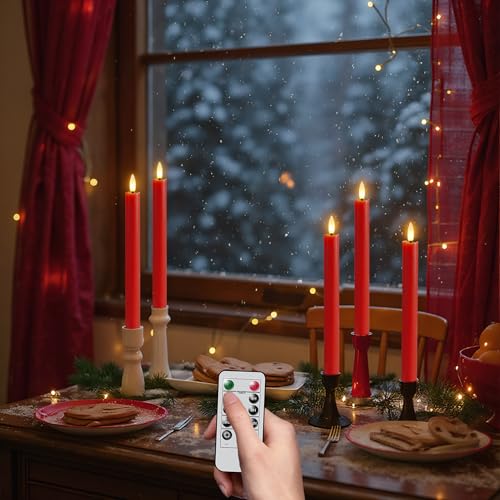 Image of Red Taper Candles Battery Operated, LED Christmas Flameless Taper Candles with Remote Timer, Real Wax LED Flameless Candlesticks for Christmas Home Decor(Set of 3, 0.78 inch x 9.6 inch)