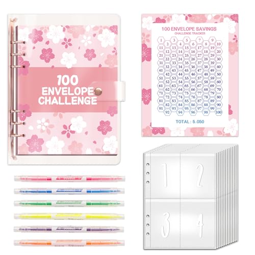 ROSYLEVE 100 Envelope Saving Challenge mit 6pcsTextmarkermit mit zwei Spitzen,Budgetplaner und Sparmappe für Geld, A5 Ringbuch die Challenge zu meistern und in 100 Tagen 5.050 $ zu sparen Rosa