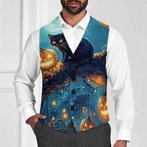 Halloween Cat Suit Vest for Men Waistcoat Dressy V Neck Button Down Sleeveless Business Jacket Coat4