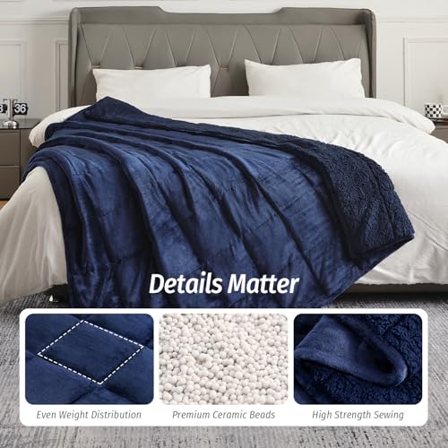 Wemore Sherpa Fleece Weighted Blanket for Adult, 15 lbs Dual Sided Cozy Fluffy Heavy Blanket, Ultra Fuzzy Throw Blanket with Soft Plush Flannel Top, 80 x 87 inches, Navy Blue on Both Sides