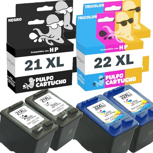 Pulpo Cartucho   Pack 4 Cartucho de Tinta 21 XL / 22 XL Compatible con HP 21 XL / 22 XL/Ref. C9351AE / C9352AE   Valido para Impresoras DeskJet, D, F, Fax, OfficeJet, OfficeJet J, PhotoSmart, PSC